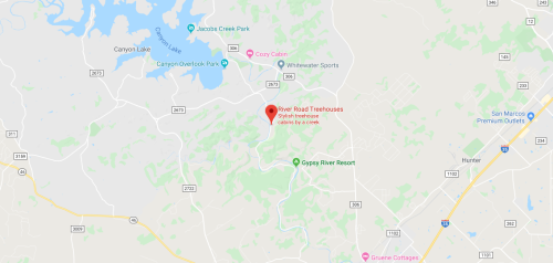 Map showing the location of River Road Treehouses near Canyon Lake, Texas, with nearby parks and resorts marked.
