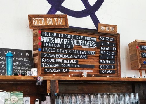 A chalkboard menu displaying various beers on tap with names, ABV, and prices.