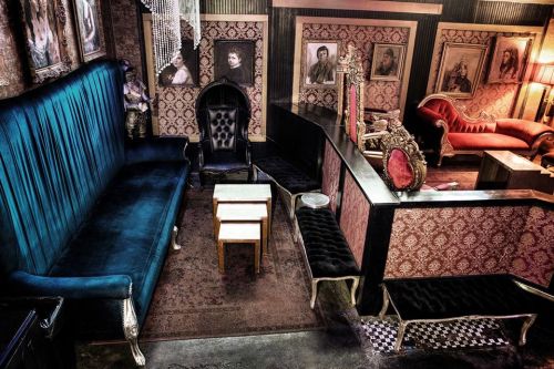 A vintage-style lounge with ornate furniture, rich colors, and framed portraits on the walls. Cozy and elegant atmosphere.