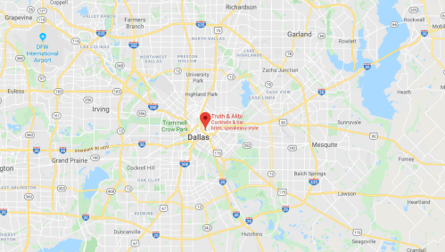 Map showing Dallas, Texas, with a marker for Truth & Alibi, a cocktail and tapas speakeasy-style venue.