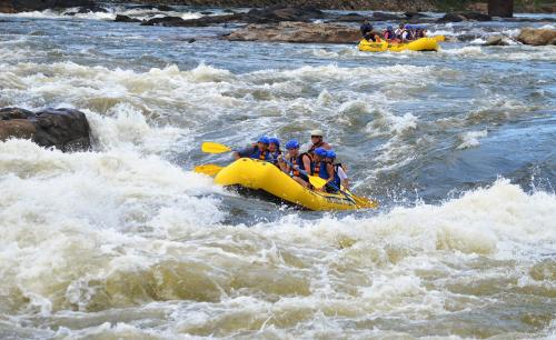 A group of people in a yellow raft navigating through turbulent whitewater rapids.