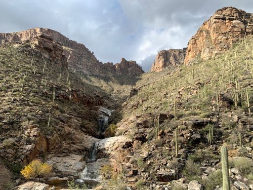 A scenic view of rocky mountains with a waterfall and cacti under a cloudy sky.