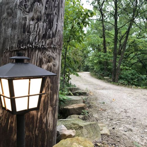 A rustic lamp post beside a gravel path, surrounded by lush greenery and trees.