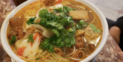 A bowl of flavorful noodle soup topped with fresh cilantro, meat, and vegetables.