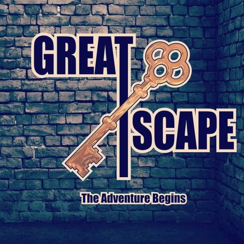 Logo for "Great Escape" featuring a large key and the tagline "The Adventure Begins" against a brick wall background.