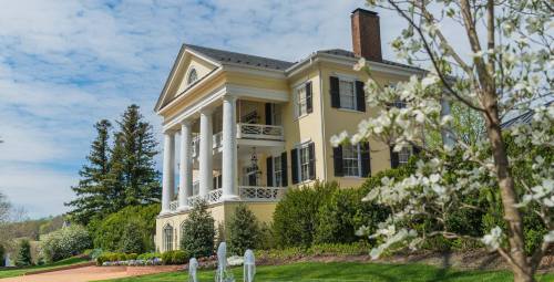A grand yellow mansion with white columns, surrounded by lush greenery and blooming flowers under a blue sky.