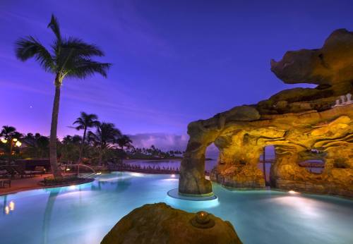 A serene pool area with rock formations, palm trees, and a twilight sky, creating a tropical paradise atmosphere.