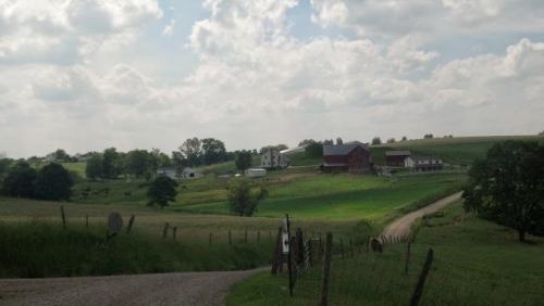 A scenic rural landscape featuring a winding dirt road, green fields, and farm buildings under a cloudy sky.