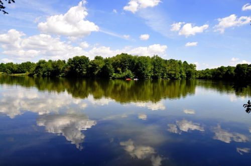 A serene lake reflecting fluffy clouds and lush trees under a bright blue sky.