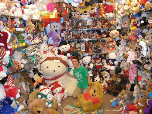 A child poses with a large teddy bear surrounded by countless stuffed animals in a colorful room.