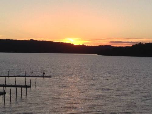 Sunset over a calm lake, with silhouettes of trees and a dock extending into the water.