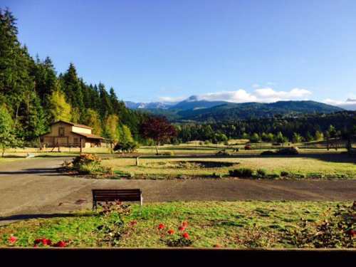 A scenic view of a lush landscape with a wooden cabin, mountains, and clear blue skies in the background.