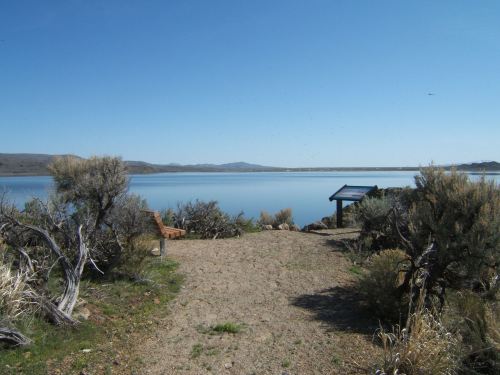 A serene lakeside view with a bench, surrounded by shrubs and mountains under a clear blue sky.
