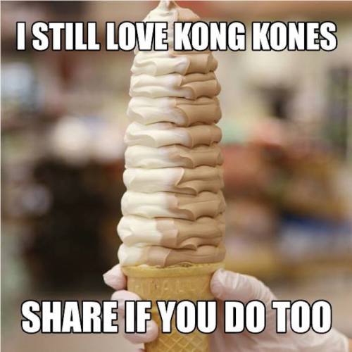 A hand holding a tall ice cream cone with the text: "I still love Kong Kones. Share if you do too."