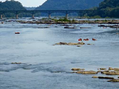 A river scene with people rafting, rocky shores, and a bridge in the background surrounded by lush hills.