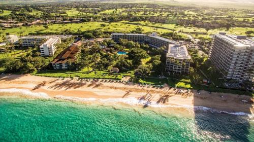 Aerial view of a beachfront resort with lush greenery, pools, and sandy shores under a bright sky.
