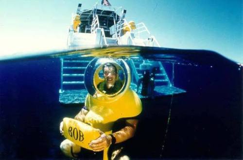 A diver in a yellow underwater helmet holds a buoy labeled "BOB" while submerged near a boat.