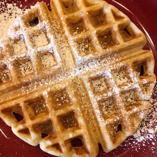 A golden-brown waffle dusted with powdered sugar, served on a red plate.
