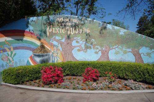 Colorful mural at Pixie Woods featuring trees, a rainbow, and flowers in a landscaped area.