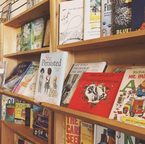 A wooden bookshelf filled with various children's books, including "She Persisted" and "The Wolf, the Duck, and the Mouse."