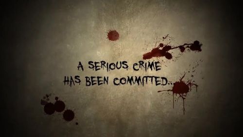 Text on a textured background reads, "A serious crime has been committed..." with blood splatter accents.