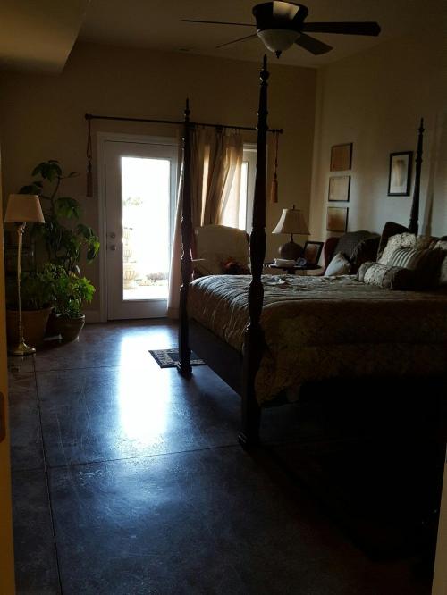 A cozy bedroom featuring a four-poster bed, plants, lamps, and a door leading to an outdoor area.