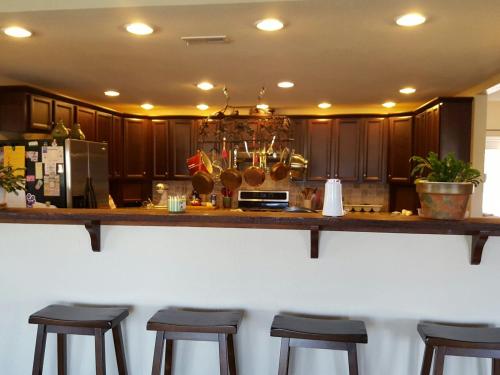 A modern kitchen with dark cabinets, a pot rack, and bar stools, featuring warm lighting and plants on the counter.