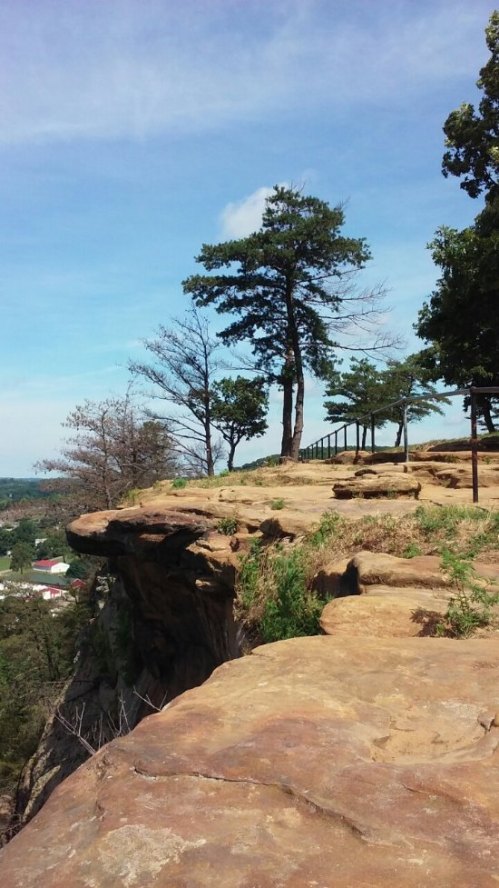 A rocky cliff edge with trees and a railing, overlooking a scenic landscape under a clear blue sky.