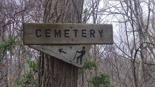 Wooden signpost pointing left, labeled "CEMETERY," with a hiker icon below it, set in a wooded area.