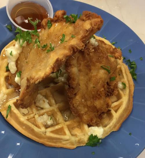 A blue plate with a waffle topped with fried chicken, drizzled with syrup, and garnished with parsley.