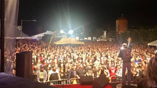 A large crowd at a nighttime outdoor concert, with a performer on stage waving to the audience.