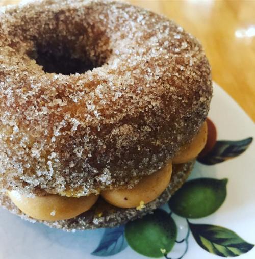 A cinnamon sugar donut with a creamy filling, resting on a decorative plate with fruit illustrations.