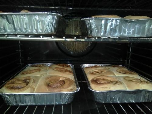 Cinnamon rolls baking in two aluminum trays inside an oven.