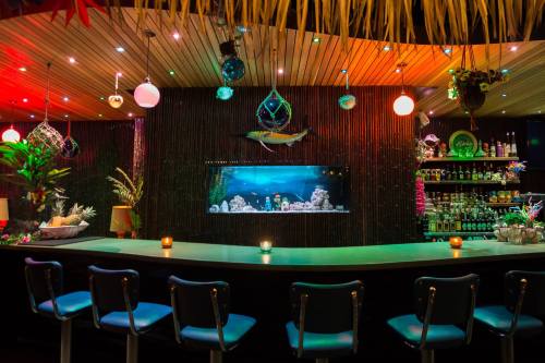 A vibrant bar with colorful lighting, an aquarium, and tropical decor, featuring a long counter and bar stools.