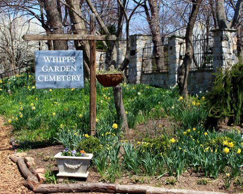 Sign for Whipps Garden Cemetery surrounded by blooming flowers and trees in a serene outdoor setting.