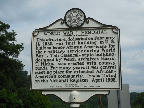 Sign commemorating the World War I Memorial honoring African American military service, established in 1928.