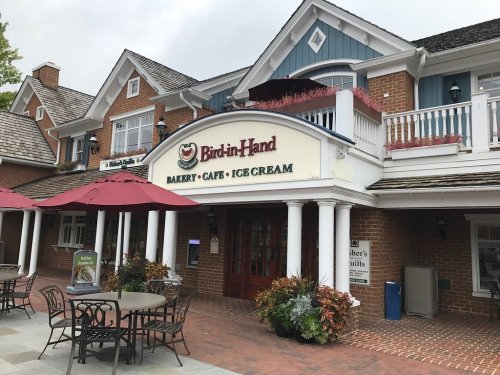 Exterior of Bird-in-Hand Bakery, Café, and Ice Cream shop with outdoor seating and umbrellas. Brick building with signage.