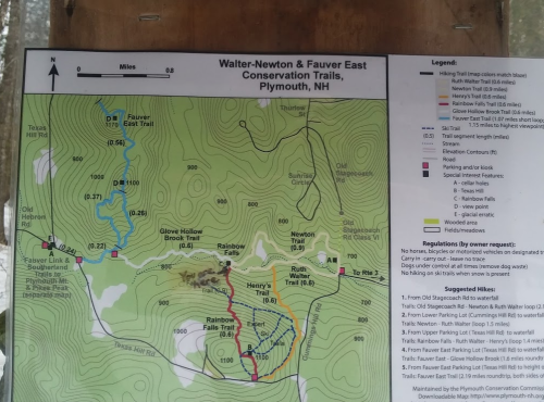 Map of Walter-Newton & Fauver East Conservation Trails in Plymouth, NH, showing trails, distances, and regulations.