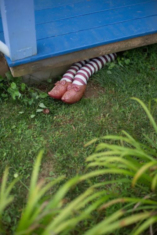A pair of striped legs with sparkly shoes protrudes from under a blue porch, surrounded by grass and plants.
