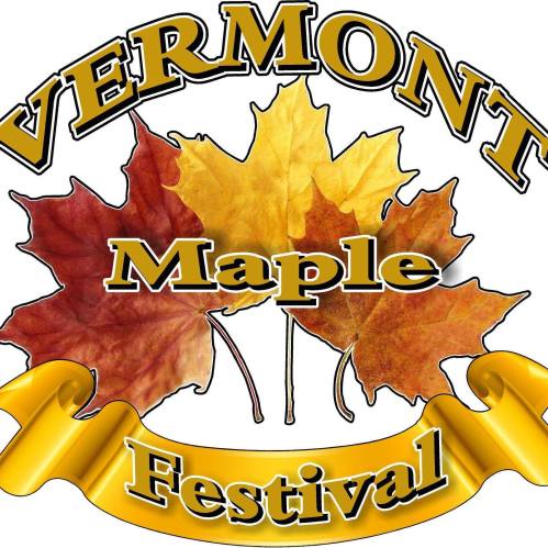 Logo for the Vermont Maple Festival featuring colorful autumn leaves and a golden ribbon.