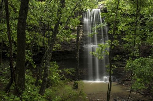 A serene waterfall cascades down rocky cliffs, surrounded by lush green trees and a tranquil pool below.
