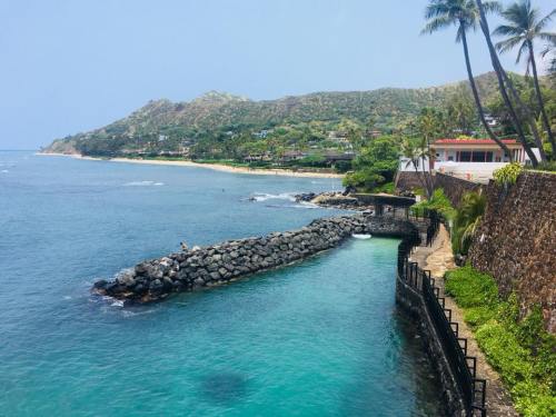 Scenic coastal view with rocky shoreline, clear blue water, palm trees, and lush green hills in the background.