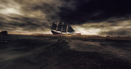 A dark, moody seascape featuring a ship with sails against a stormy sky, reflecting on the water's surface.