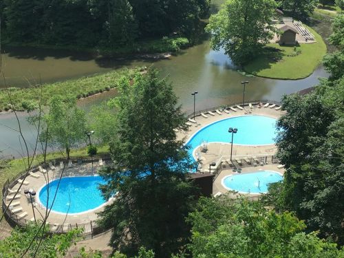 Aerial view of two blue swimming pools surrounded by greenery and a river, with lounge chairs and a shelter nearby.