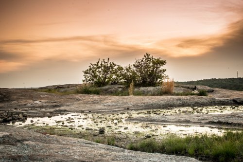 A rocky landscape at sunset, featuring sparse vegetation and a small pool of water reflecting the sky.
