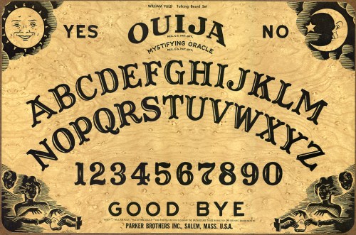 A vintage Ouija board featuring letters, numbers, and symbols, with "YES" and "NO" at the top.