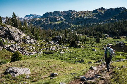 A hiker walks along a rocky trail in a lush green valley surrounded by mountains and trees under a clear blue sky.