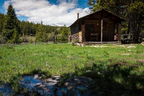 A rustic log cabin surrounded by green grass and trees, with mountains visible in the background under a cloudy sky.