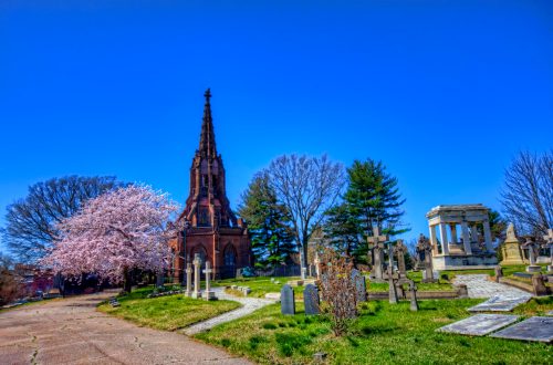 A historic church with a tall spire stands beside a cemetery, featuring gravestones and blooming cherry trees under a clear blue sky.