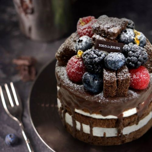 A decadent chocolate cake topped with fresh berries and chocolate pieces, dusted with powdered sugar.